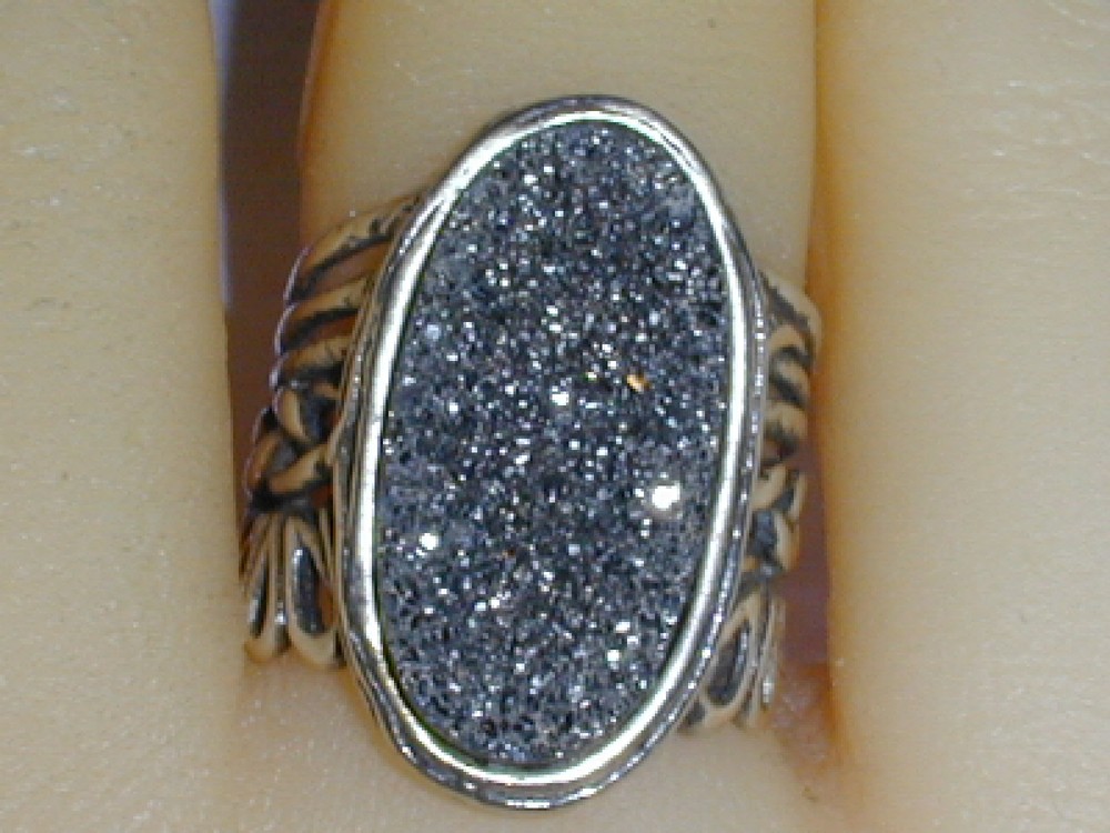 PZ- OR PAZ ISRAEL BOLD STERLING SILVER GRAY DRUZY RING W/ INTRICATE BAND- SZ 5.5