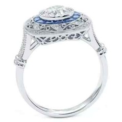 Art Deco Style Lab-Created Diamond Sapphire Engraving Ring 14k White Gold Finish