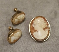 Vintage Shell Cameo Set Pin & Earrings Married Signed Coro