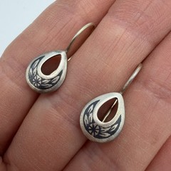 Vintage Soviet 875 Silver Niello Drop Earrings Severnaya Chern Floral Signed