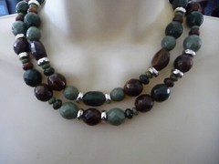 GREEN BROWN BLACK & SILVER TONE BEADS 2 STRANDS NECKLACE #23/5A