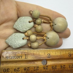 Vtg Big Boho Tribal Etched Stone Starburst Chandelier Earrings Leather Wood Post