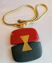 LANVIN PARIS 1970s Red & Black Mod Runway Pendant Gold Plate Necklace RARE EUC