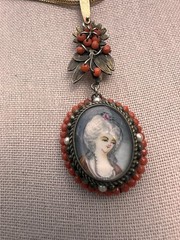 Antique Yellow Gold + Silver Coral Seed Pearls Hand Painted Portrait Pendant