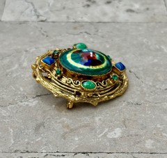 HATTIE CARNEGIE Foil Art Glass Green Blue Cabochons, Rhinestone Pendant Brooch