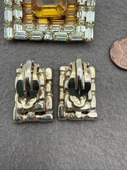 Vintage Tortolani Yellow Rhinestone Baguette Brooch And Clip On Earring Set