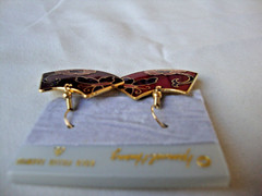 VINTAGE SAMUEL HUANG CLOISONNE BUTTERFLY FLORAL FAN PINK PURPLE & RED EARRINGS