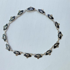 Vintage SIAM Sterling Silver Black Enamel Niello Dancer on Hand Fans Necklace