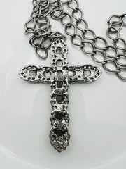 Vintage Signed Celebrity Cabochon Rhinestone Cross Pendant Necklace 28” READ