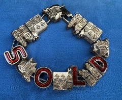 Vintage 70s Realtors Sold House Home Slider Charm Bracelet Gold Tone Red Inlay