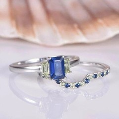 2.2Ct Emerald Cut Lab Created Sapphire & Diamond Engagement 14K Gold FN Ring Set