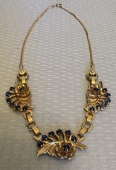 40s Retro Barclay Goldfilled Necklace Blue Rhinestone Floral Multi Tone Gold GF