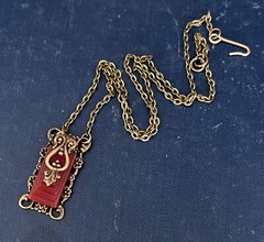 Vintage Necklace Art Deco Revival Filigree Pendant Red Carnelian Czech Glass
