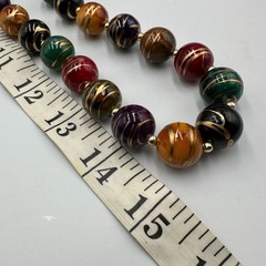 Vintage Wooden Bead Necklace Colorful Hand Painted Gold Accents Boho Artsy 30in