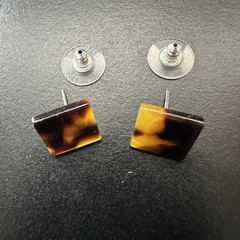 Vintage Faceted Rectangle Beads Faux Wood Brown Black & Pierced Earrings