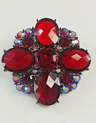 1928 Brand Gun Metal Grey Tone Red & AB Crystal Rhinestone Pin Brooch