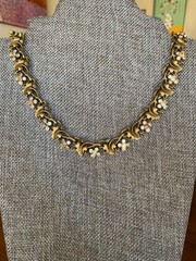 Vintage Trifari Brass Toned Leaf & Rhinestone Flower Choker Necklace AS IS