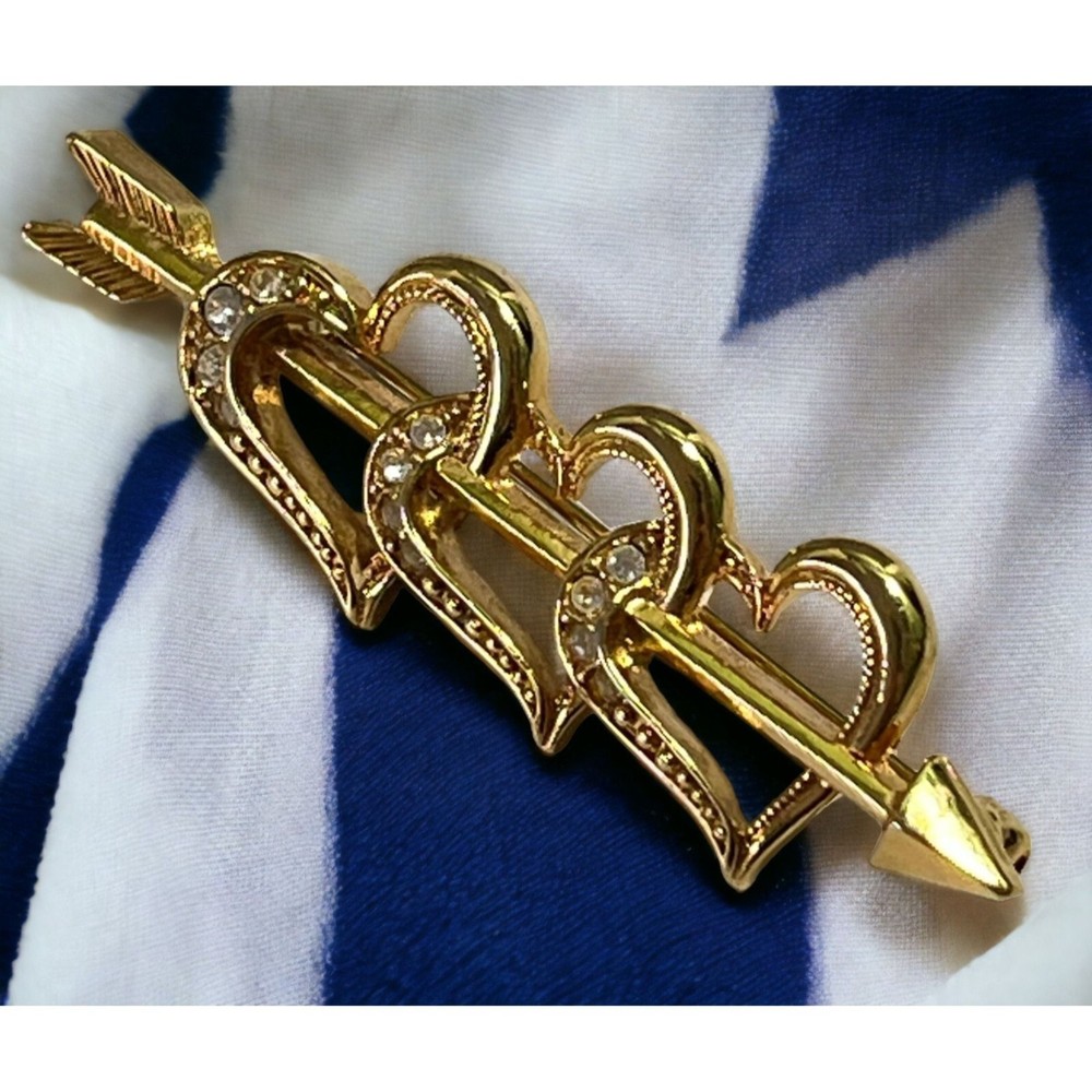 Triple Heart Arrow Brooch Vintage Avon Gold Tone Rhinestones