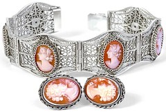 Vintage 6 Cameo Cannetille Bracelet & Cameo Earrings from Italy 800 925 Silver