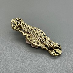 Vintage Brooch Women Pink Porcelain Rose Gold Tone Filigree Bar Pin 2.25 Inch