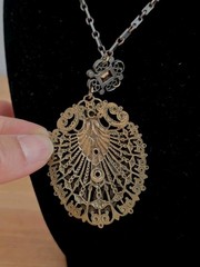 Vintage Czech Glass Filigree Enamel Necklace Multicolor Rhinestone Oval Pendant