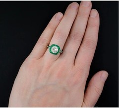 Vintage Art Deco Style Lab Created Diamond & Emerald Engagement 925 Silver Ring