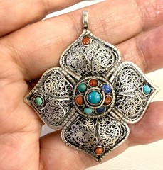 Vintage Nepal Filigree Pendant Turquoise Coral Lapis Silver Tone Boho Ethnic