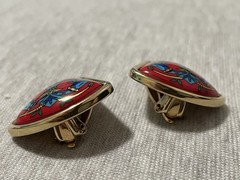 Hermès Vintage Enamel Clip-On Earrings Red with Tribal Figure Design Gold Tone