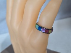 Multi-color Mosaic Inlaid Band Ring -Size 7 Silver Tone Colorful Stacker Unisex
