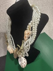 Gold Tone Metal Faux Pearl Real Sea Shells Gold Tone Starfish Bib Necklace