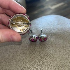 Rare Vintage Push Pin Sequin Beaded Satin Foam Brooch And Clip On Earrings