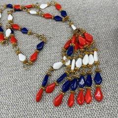 Vintage Necklace Tassel Dangles Red Blue White Acrylic Beads Retro 24 Inches