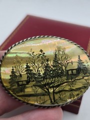 Vintage Russian ABA ’73 Hand-Painted Mother of Pearl Brooch Winter Scene Soviet
