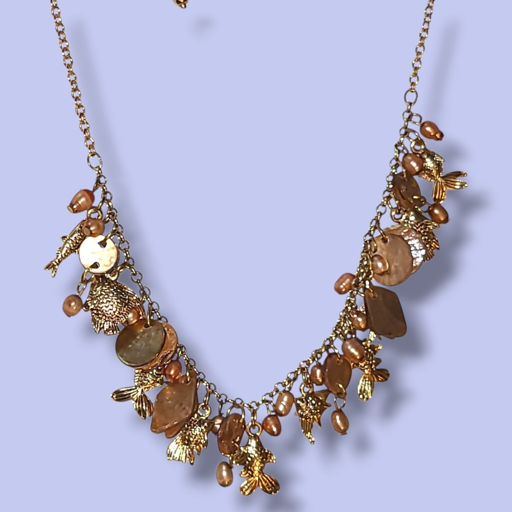 Gold Tone Fish Charm Necklace Pearl Shell Dangle Beach Boho 16″-18″