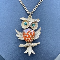 Vintage 1970s Owl Pendant Necklace Gold Tone Glazed Ceramic Orange Brown 24”
