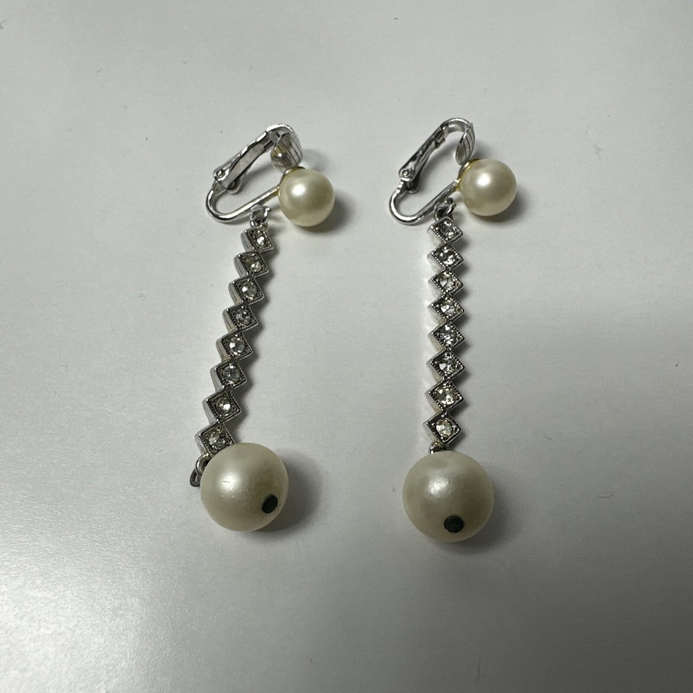 Marvella Silver tone w/ Faux Pearls 7 Rhinestones Dangle Drop Clip Earrings