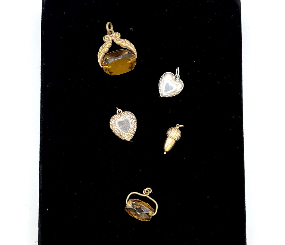 Vintage Watch fobs and charms yellow gold filled and sterling, five items