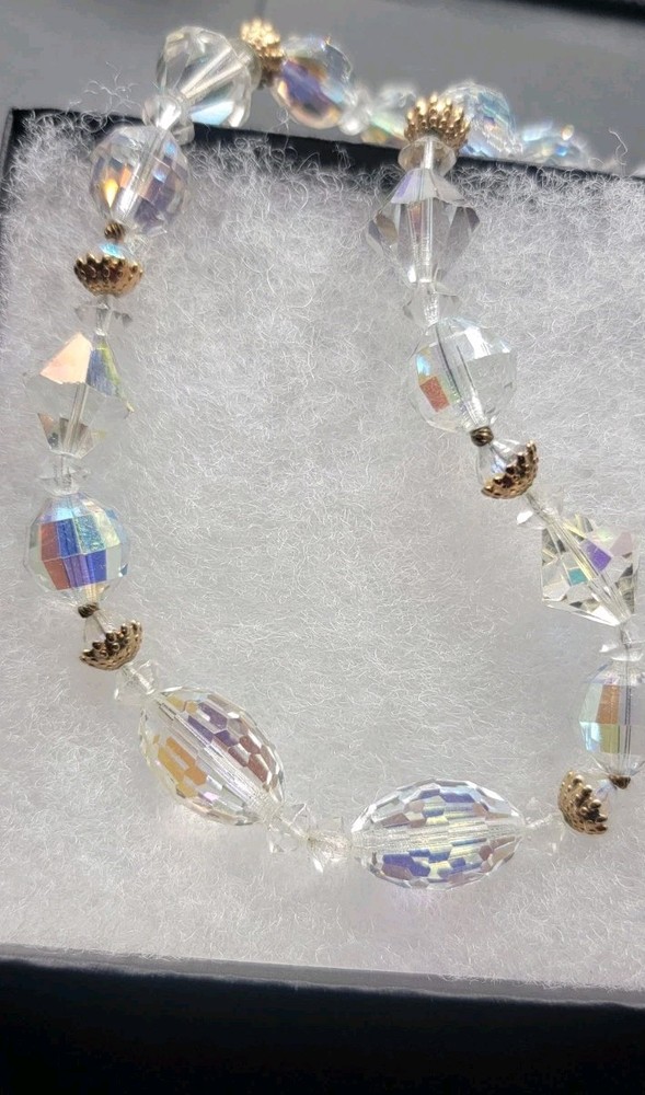 Vintage Necklace Clear AB Glass Bead Gold Tone 26″ Sparkle Bling EUC