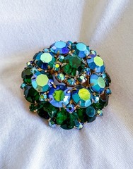 Stunning Vintage Large Emerald Green & Peacock AB Rhinestone Brooch Designer
