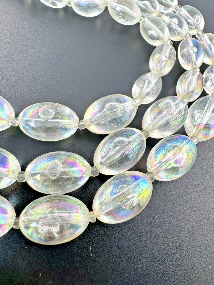 Vintage Lucite Bubble Bead Necklace Triple Strand AB Iridescent Clear MCM