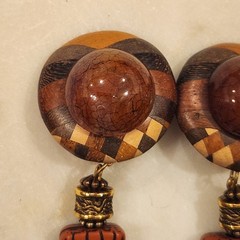 Vintage Clip On Earrings Brown Wood Inlay Cabochon Boho Beaded Dangle Drop