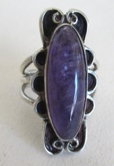 LONG HANDMADE SOUTHWEST SIZE 5.25 STERLING RING w AMETHYST, 7 GRAMS, 1 1/4″ LONG