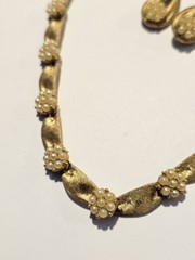 Vintage Crown Trifari Gold Tone Faux Pearl Birthday Ribbon Necklace Earrings Set
