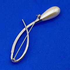 Vintage Faux Pearl Teardrop Swirl Brooch Rhinestones Silver Tone LARGE 3.5″