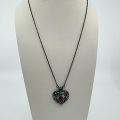 Vintage Gothic Steampunk Heart Pendant Necklace Gunmetal Tone Red Skulls Gears