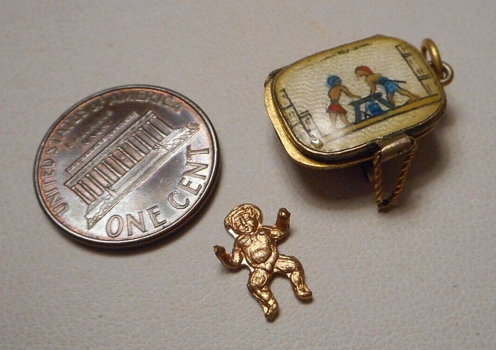 Vintage Enameled Gilt Silver Egyptian Charm Baby Moses in Hinged Basket opens!