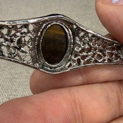 Vintage Bracelet Filigree Silver Tone Tiger Eye Center Stone Adjustable