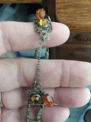 Antique Art Deco Silver Wash Czech Gold Glass 7-8 Inch Link Bracelet Draw String