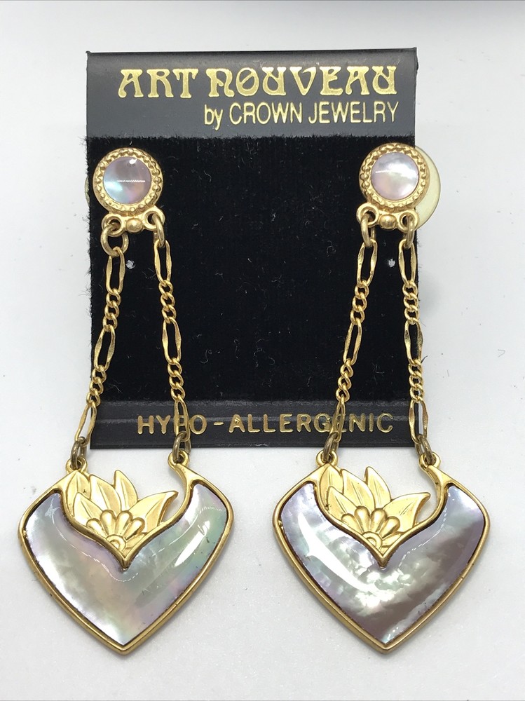 Vintage ART NOUVEAU by Crown Jewelry Gold- Pink Enamel Dangle Pierced Earrings