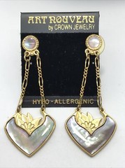 Vintage ART NOUVEAU by Crown Jewelry Gold- Pink Enamel Dangle Pierced Earrings